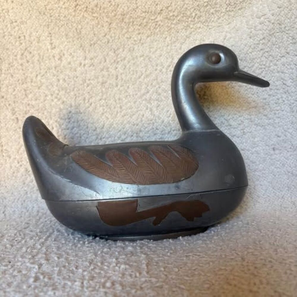 Pewter and Brass Duck Trinket Box Bowl Vintage, Made in Hong Kong